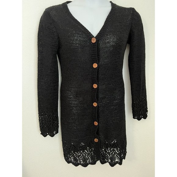 BCBG Max Azria Cardigan Long Line Black Button Up Loose Knit Large Light… - Picture 2 of 7